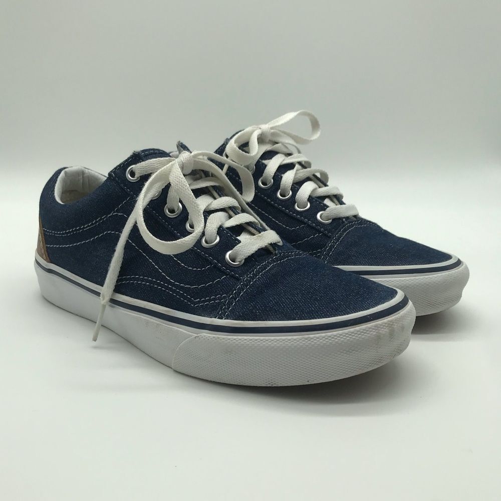 Vans Off The Wall Denim Navy Blue Brown Lace Up Women's Sz 6.5 Sneakers Shoes